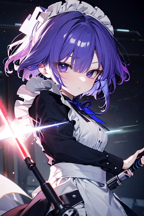 Maid in Battle, high quality,  unrealistic, Glorious Maid、 lightsaber、 energy waves、Petite and Adorable Features、 serious expression、action、Deadly Combat、Shiny Metal、The background of the universe、Purple and Blue Coloring、Exact Details、Photographer Quality...