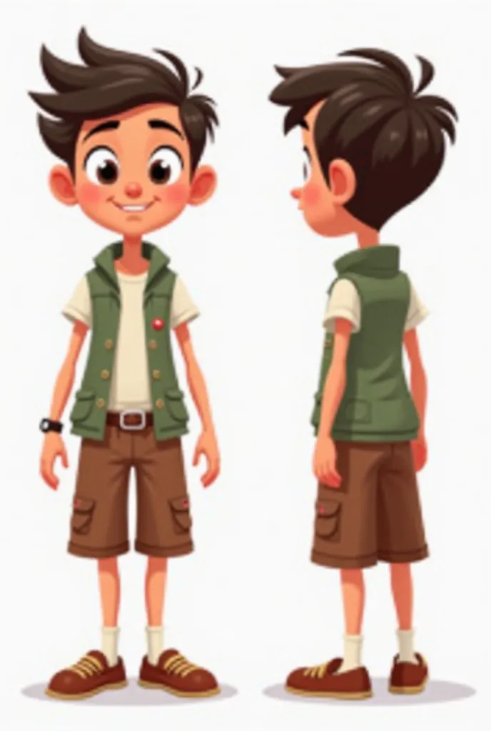 "Design a cartoon character in a fun and vibrant 2D style, shown from four different angles: front, left side, right side, and back. The character should have a distinctive silhouette, expressive eyes, and exaggerated proportions to enhance personality. Th...