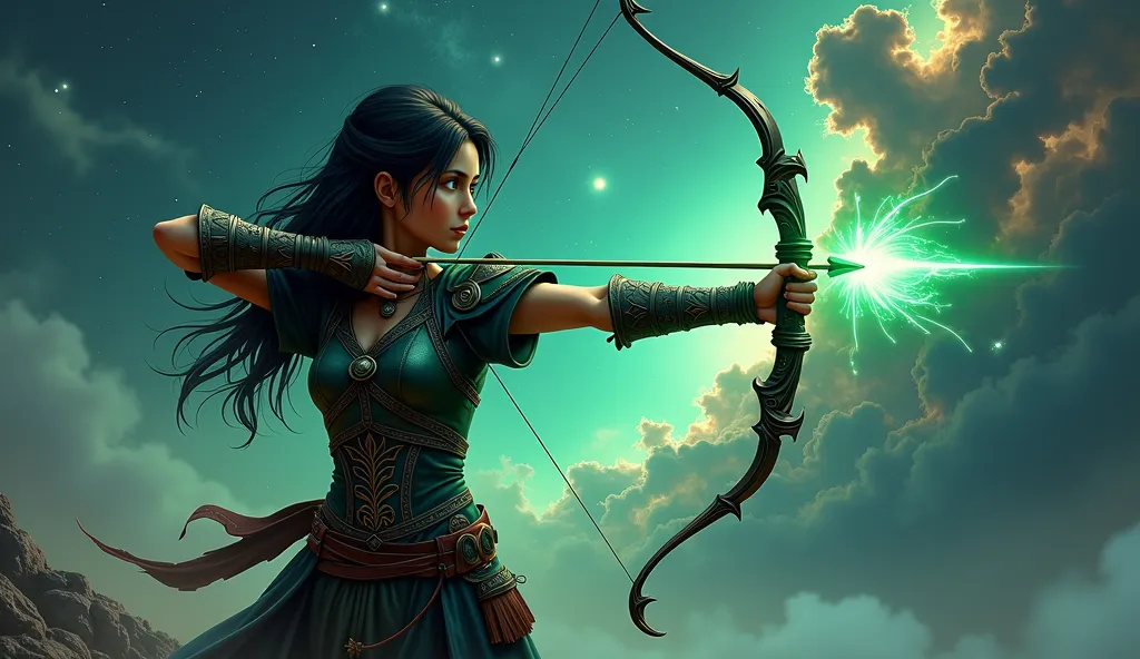 An archer girl with black short hair wearing leather archer armor, taking aim shooting a green glowing arrow, medieval theme, night sky, the sky looks vividly deep universe, nebulae