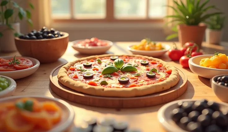 Game CG，Pizza on the table {x} A wooden plate holds the pizza，The pizza is sprinkled with some olives and basil leaves，There are some fruit side dishes on the side，The whole environment is warm，, warm lighting。 kitchen background，The environment is daytime...