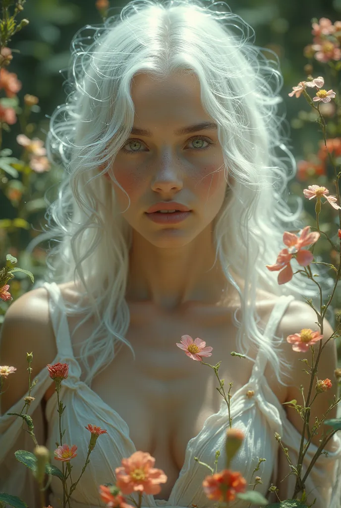 A beautiful  girl with white hair and red eyes,  in a garden 