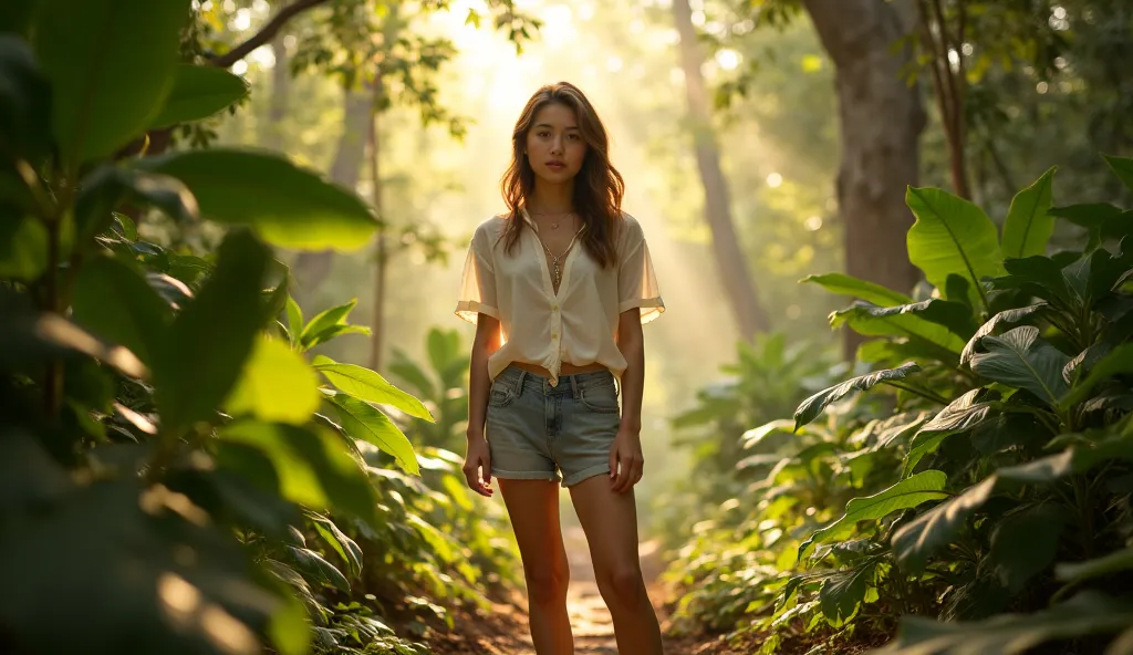  the girl 18 years old, standing, front, full body, in the tropic forest 