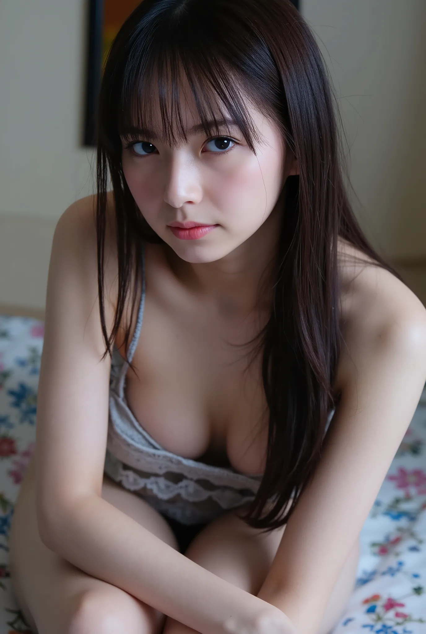  High Res Photo of a Young Japanese Woman, complicated details, professional lighting, sharp concentration, Alone, 1 girl,  , (full frontal,  completely naked, naked, Penis、pubic hair、  upper body above the knee 、 cover your nipples with both hands:1.4), s...