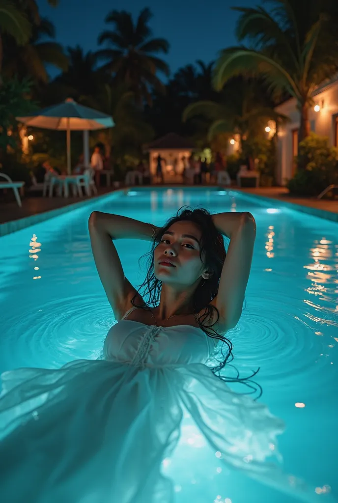 (Masterpiece, ultra-detailed, photorealistic, ultra-HD:1.9), cinematic midnight blue pool water shimmering under soft moonlight, dim underwater LED lights casting a dreamy glow, (focus on delicate sheer silk dress floating weightlessly, fabric transparent ...