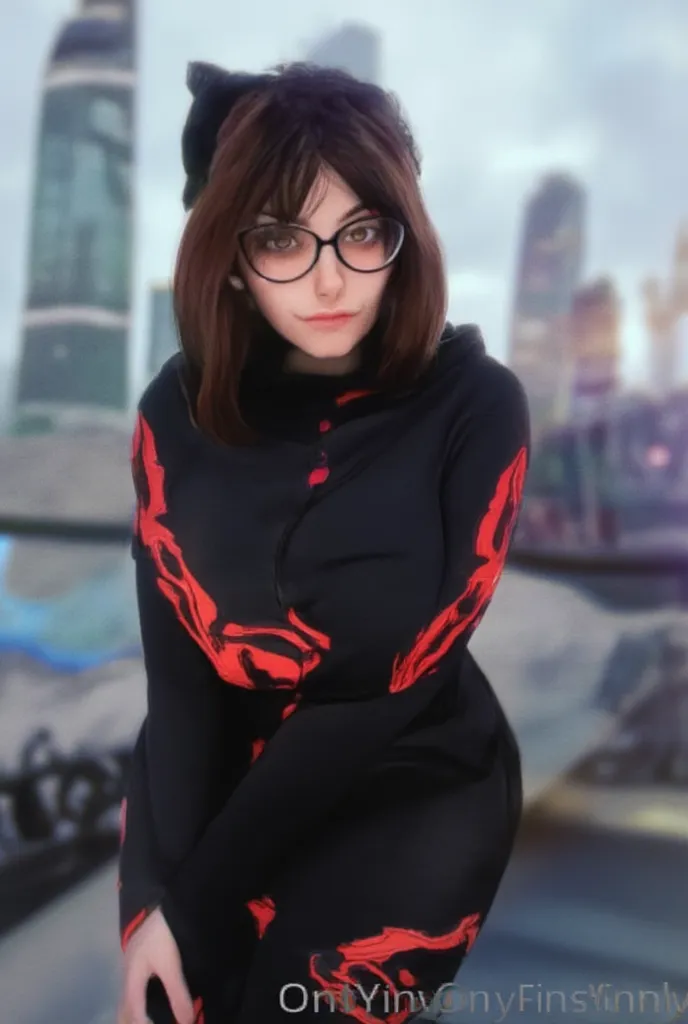 full-length character,3D-движок Unreal,(realistic, realistic fantasy render,  best high quality,  perfect details, complex parts, good lighting), (detailed background, in the city,) (ninja, black outfit,  with red marks , kemono character , huge round fram...