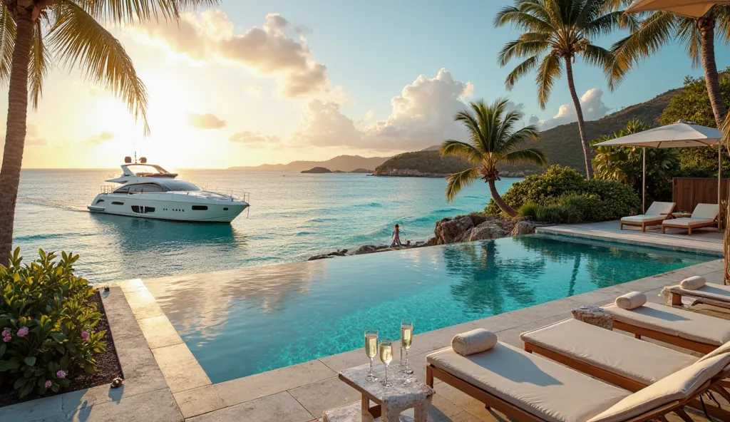 A luxurious beachfront villa in St. Barts, overlooking crystal-clear turquoise waters. A sleek white yacht anchored nearby, with a golden sunset casting a warm glow over the scene. Palm trees sway gently in the breeze, and a private infinity pool reflects ...