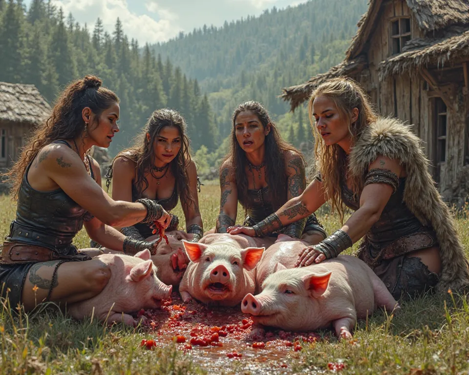 Sexy viking women  eating alive pigs in farm 