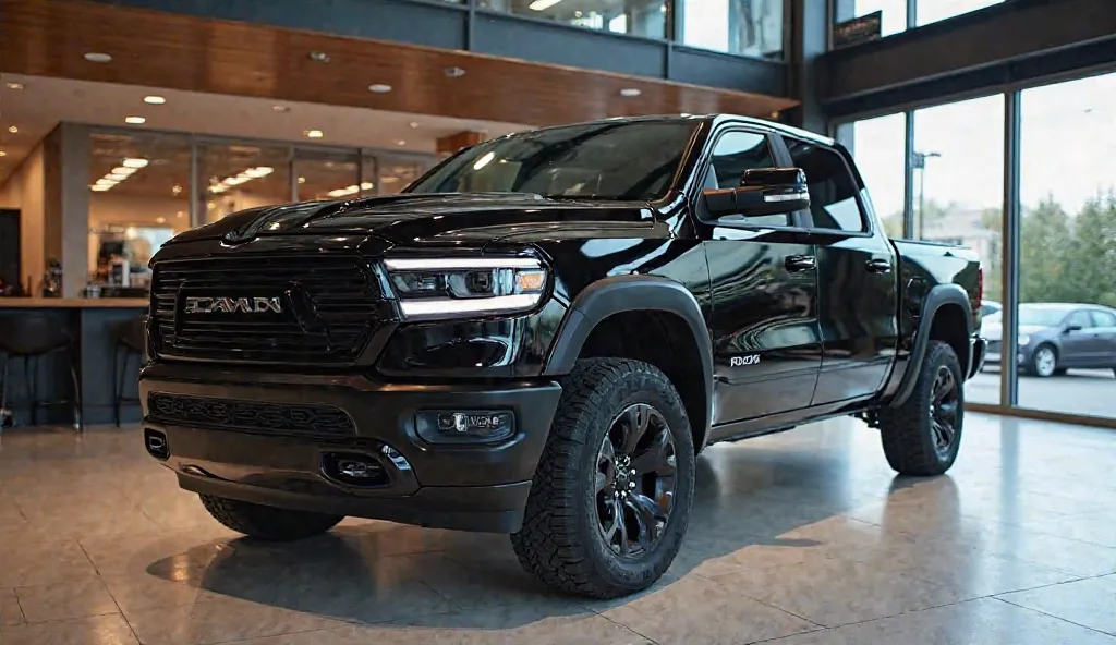 Imagine a sleek, polished 2026 Dodge Dakota pickup truck sitting confidently in a modern showroom. The exterior shines with a deep, glossy black finish that highlights its bold and aggressive design. The truck’s sharp lines, muscular build, and modern gril...