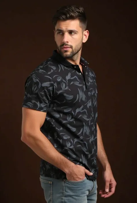 Create an image of a stylish man wearing an Ocean Pacific Men Regular Fit Printed Short Sleeves Polo in Black, paired with casual jeans or tailored chinos, set against a dark brown background. The polo features a modern fit with a bold print, giving it a