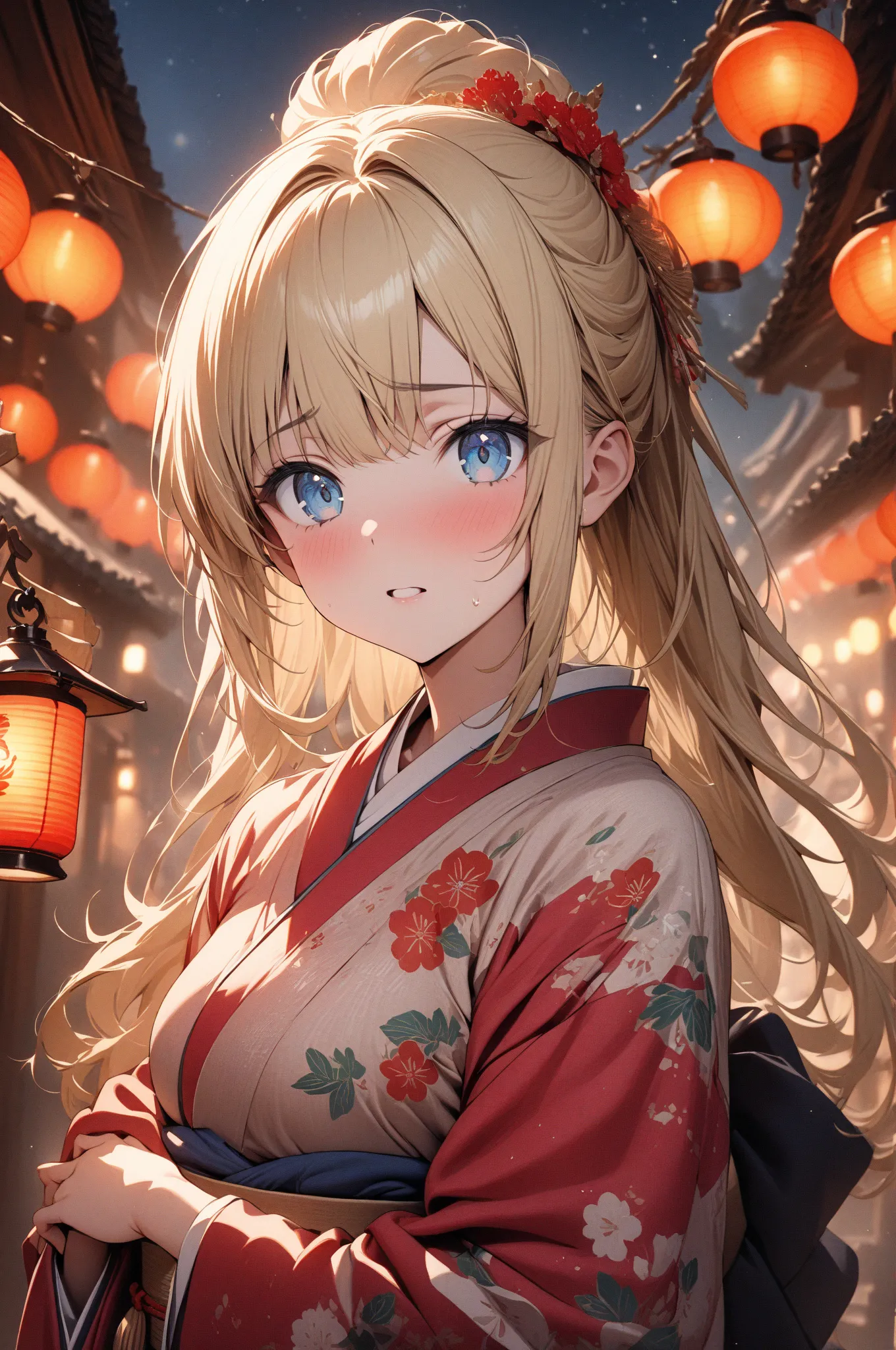 (masterpiece, detailed:1.2), One Girl, Princess, (18-years old), blonde one updo, Medium Breasts, sky blue eyes, BREAK, Highest quality, Kimono, at night, lantern