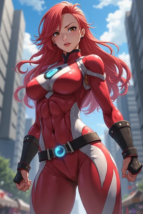  My Hero Academia Style , Anime girl, female, young female,muscular female,Full Body Shot,(fighting Pose:2),Long hair, Red Hair,  Brown Eyes,Hero Suit, Full Body Suit, red suit with white details,small round blue jewel in the center of the chest, perfect a...