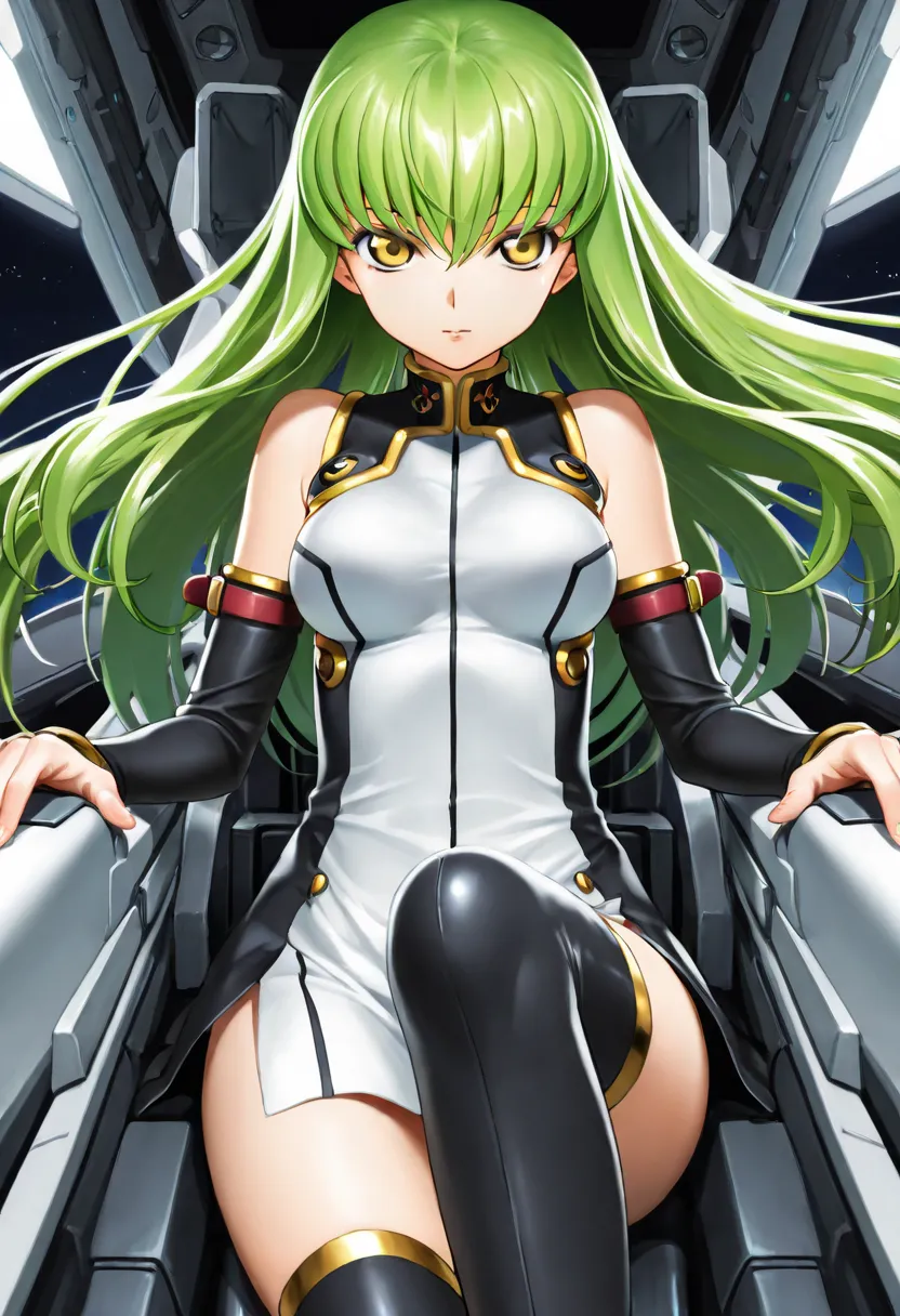 c.c., 1girl, solo, long hair, looking at viewer, thighhighs, bare shoulders, yellow eyes, detached sleeves, green hair, cockpit