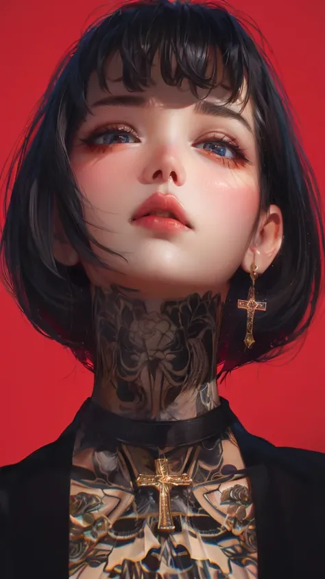 Close-up portrait of a whimsical Gothic 80's grunge punk rocker girl with liquid red cherry jelly, White dahlia and black rose , Vibrant black hair,  glowing skin、Sugar Skull Makeup、Red cherry jelly under the eyes, shiny, plump lips. Her neck is covered in...