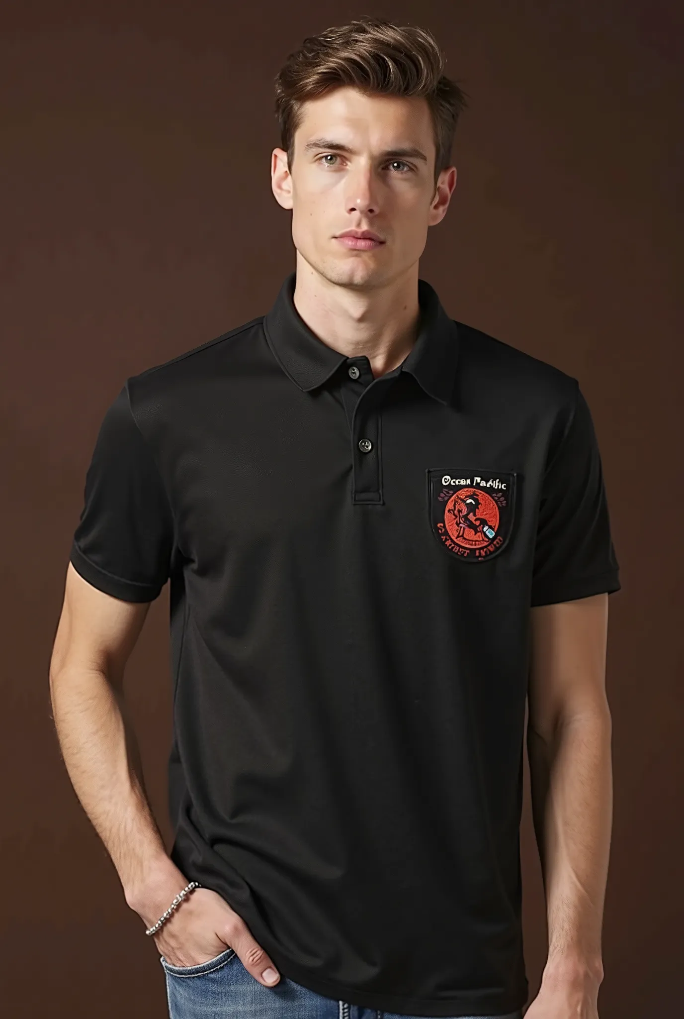 Create an image of a stylish man wearing an Ocean Pacific Men Regular Fit Printed Short Sleeves Polo in Black, paired with casual jeans or tailored chinos, set against a dark brown background. The polo features a modern fit with a bold print, giving it a