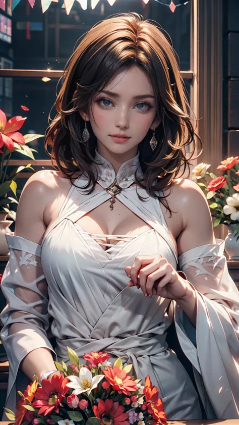 A woman decorated a vase with flowers,  with flowers,  magazine photo , Written by Kojima Ayumi,  Official Illustration , Shin Jin-young,  Closeup of a woman decorating a vase with flowers in 、, author: NieTian, Dilraba Dilmurat,  Nam Jae-yeon, Synthwave, ...