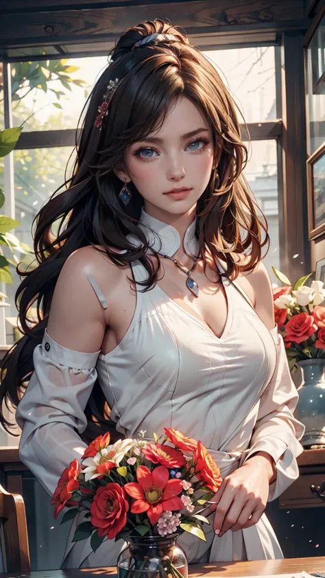 A woman decorated a vase with flowers,  with flowers,  magazine photo , Written by Kojima Ayumi,  Official Illustration , Shin Jin-young,  Closeup of a woman decorating a vase with flowers in 、, author: NieTian, Dilraba Dilmurat,  Nam Jae-yeon, Synthwave, ...