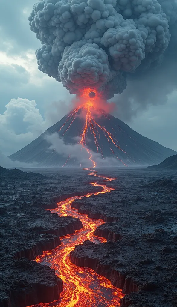 An erupting volcano in Iceland, 1783, with molten lava splitting open the earth. Thick blue sulfuric fog creeping ominously from the fissures, enveloping the desolate landscape."