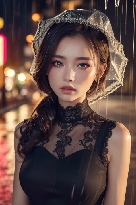 (( top quality , 8k,  lace maxi dress standing in the rain, In the Rain, Red Light District,   Highly Detailed Face and Skin Textures  ,   detail eyes,  double eyelid .)