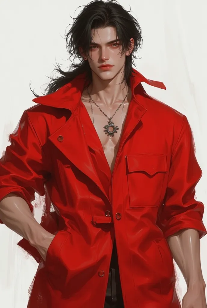 Red Shop Coat, black hair,Wear a small gear necklace,Show off your muscles