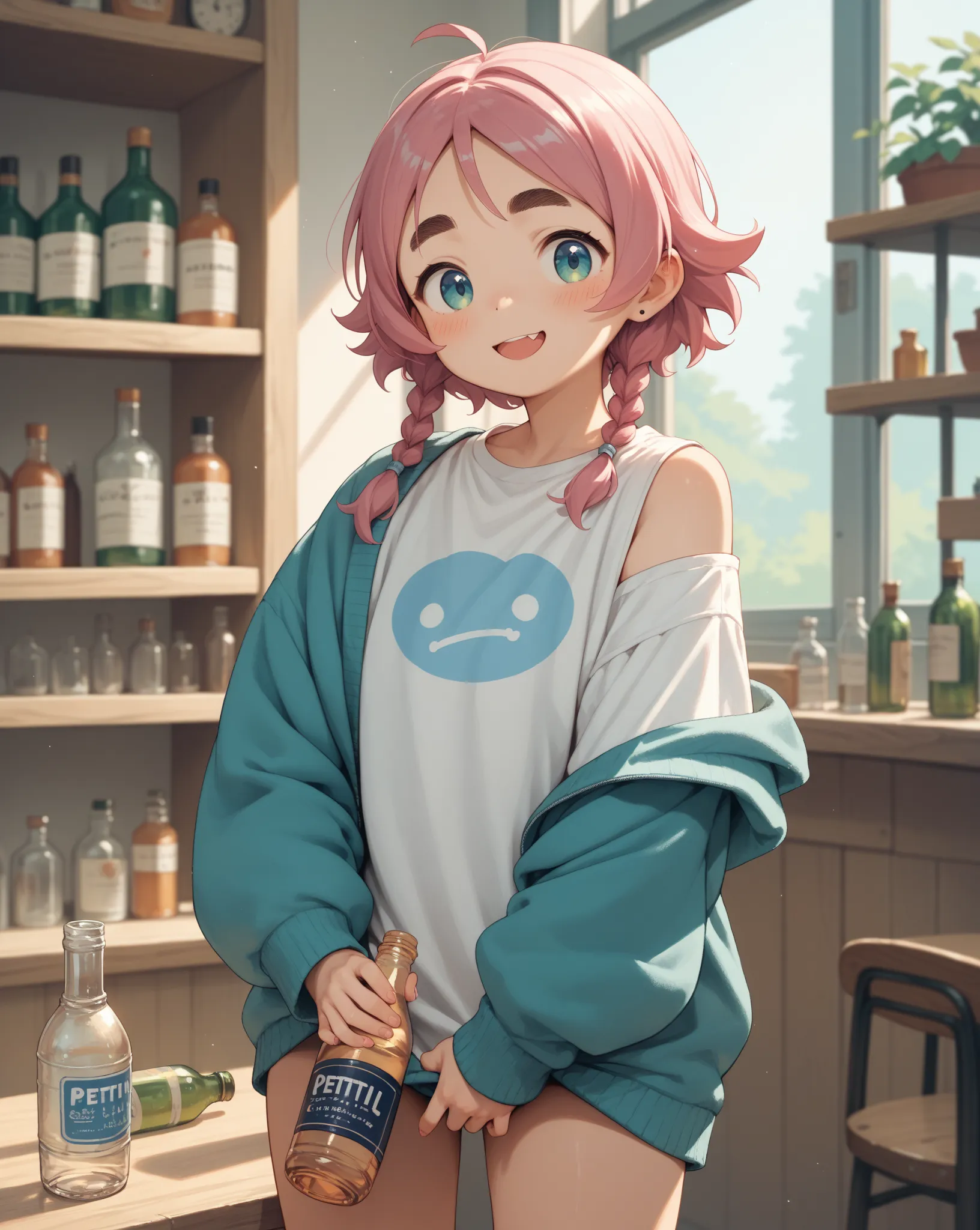 kawaii anime , petit girl , Thick eyebrows  , grab bottle ,  bottle  over crotch , Shoulder , hip