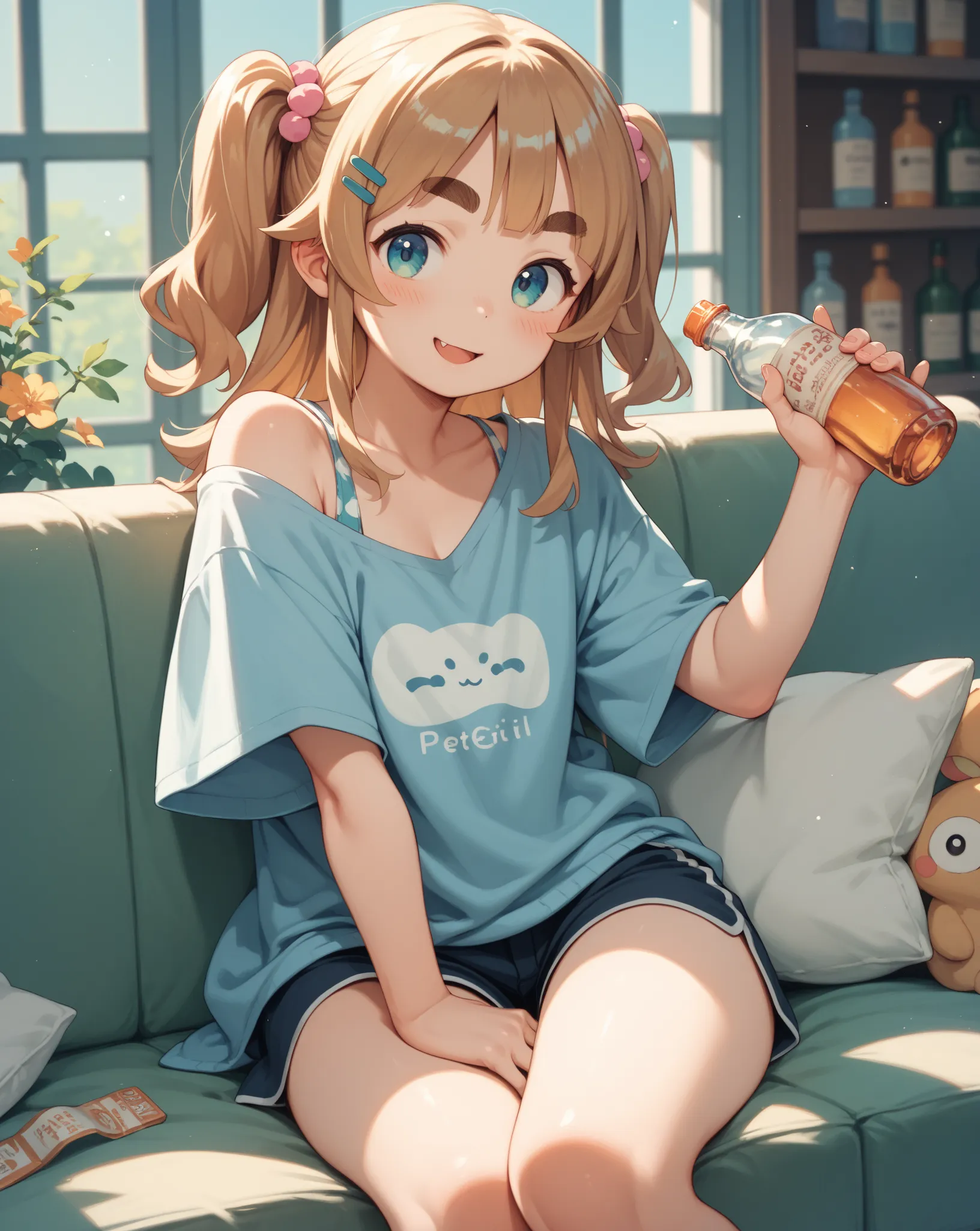 kawaii anime , petit girl , Thick eyebrows  , Hold the bottle between thighs , Shoulder , hip