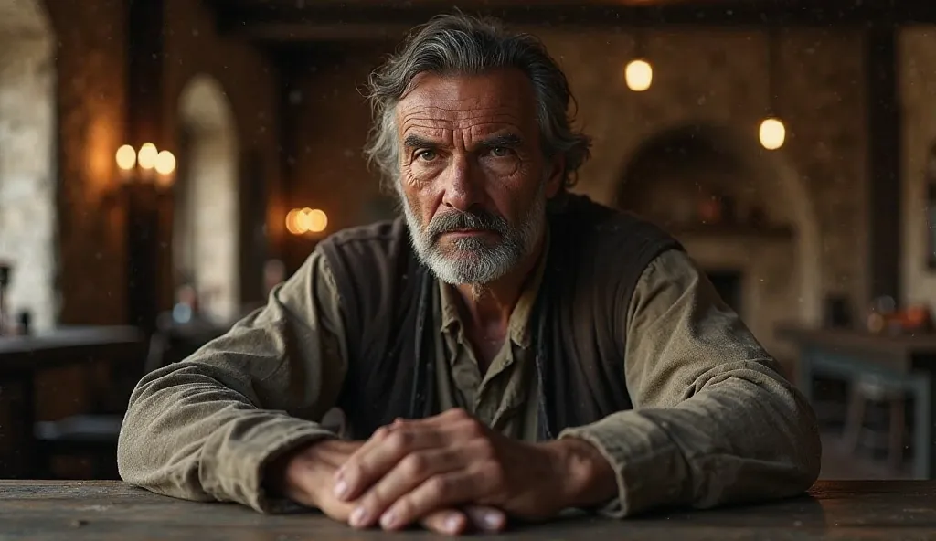 A man is sitting in a medieval inn. No one is sitting behind him. Staring straight into the camera. Close-up.