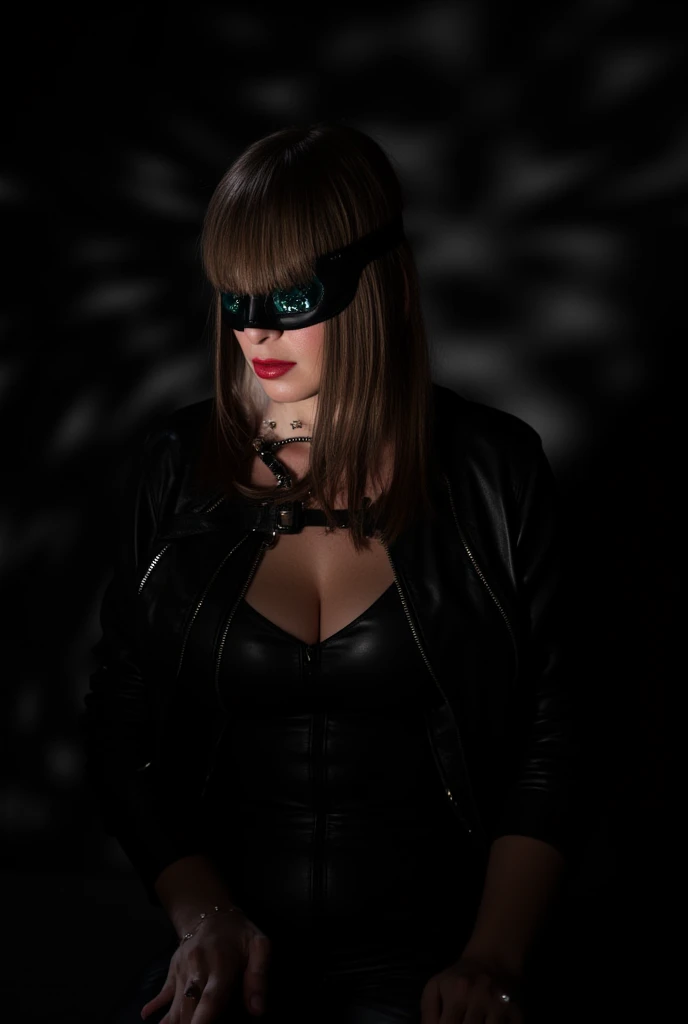 professional photograph of a 35 year old model, ((black bdsm rabbit half mask)), masterpiece, best quality, highly detailed background, beautiful evil slavic slim with small breasts woman, pale skin, ((long light brown straight hair)), ((in black strict cl...