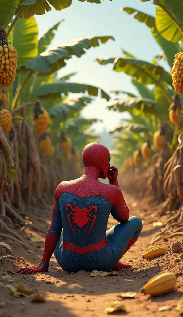 A highly detailed 3D-style scene of Spider-Man in his standard suit, sitting on the ground in the middle of a vast banana plantation during the daytime. His elbow rests on his knee, and his hand supports his head as he gazes downward in deep thought. His r...