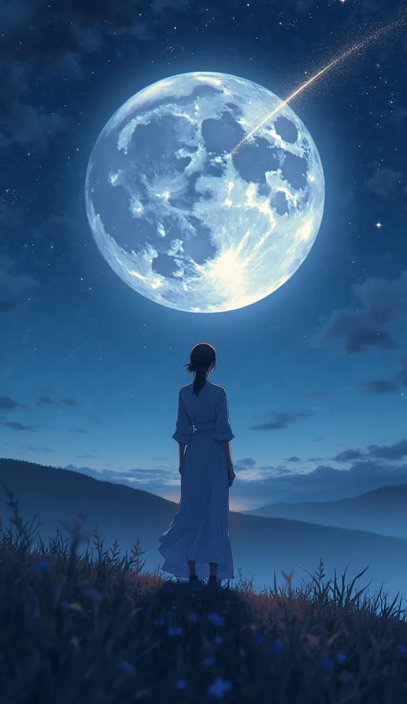 The moon is out. Starry sky. A woman is standing. From behind. Anime style. Shooting star. The moon is big. Below is a hill. The hill is lit by light.