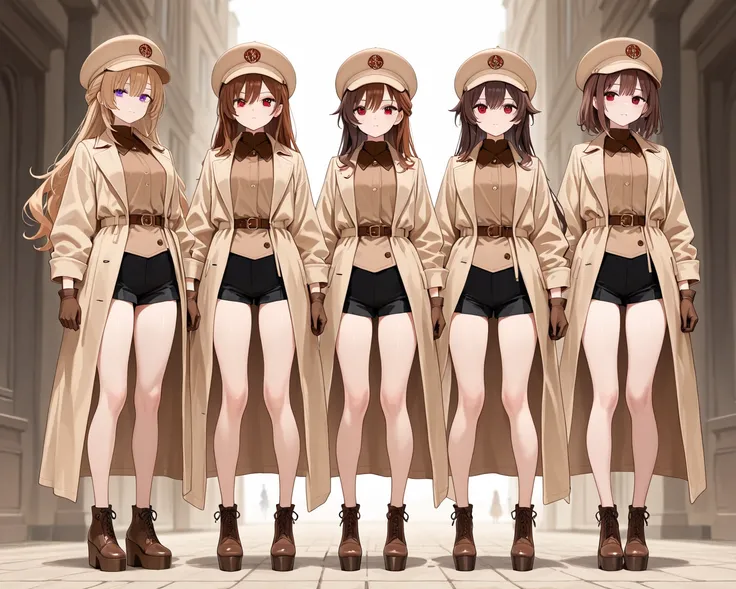 4girls, full body front, slim body, vert long legs, bare legs, standing, brown hair, red eyes, beige hats, brown shirts, beige coats, black shorts, brown gloves, brown platform shoes