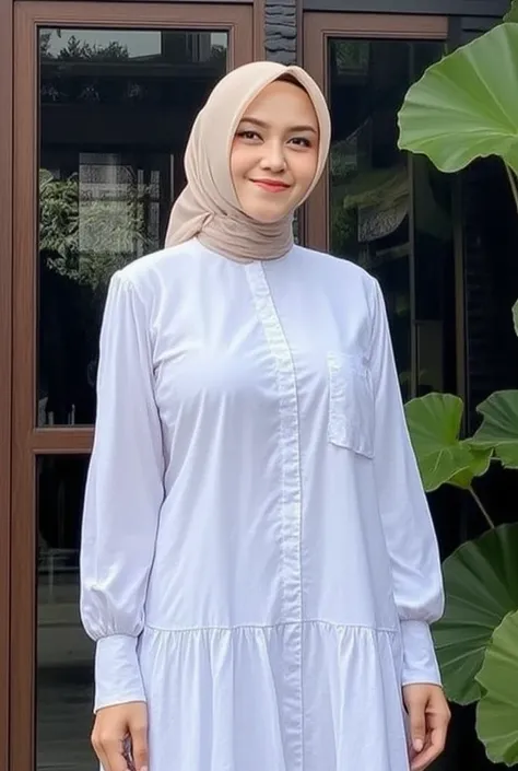 professional photography, (masterpiece, 8k, raw, best quality:1.2), 1 beautiful hijab woman, 30 years old, (full body pose:1.4), little smile, girly eyeglasses, pale white skin, colossal , (medium curvy body, sexy hips:1.6), wearing sexy white thin dress, ...