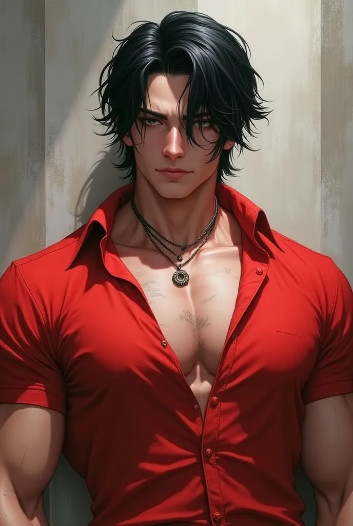 Half red shopper shirt, black hair,Wear a small gear necklace,Show off your muscles