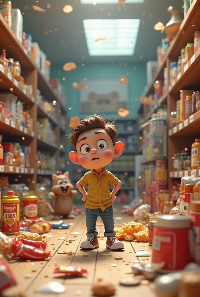 A 3D animated scene in which a shop looks completely destroyed. Goods are scattered from the shelves, packets of chips and biscuits are lying on the ground, ketchup and milk have been spilled on the floor, and chaos is everywhere. In the middle stands a su...