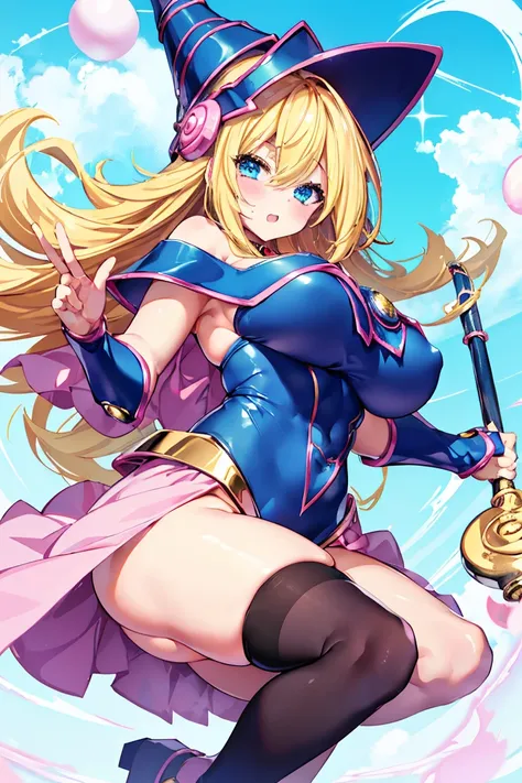 Black Magician Girl、super breasts、thick thighs、blonde hair、magic circle、8K, 4k, highest quality, High resolution: 1.2),winking、One breast exposed、cute anime face、Pink blush on cheeks、noise removal、Leotard that bites into、have a cane、Hold your cane、