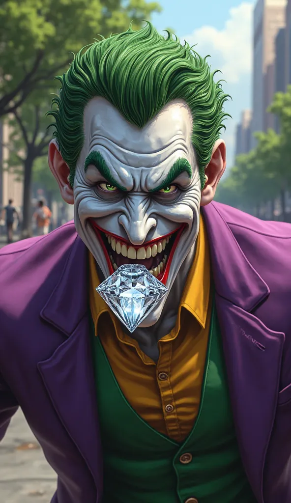 Hyper-realistic yet stylized with an animated touch, a muscular Joker biting down on a diamond, with half of the gem still visible outside his mouth. His mischievous grin and intense, confident expression add to his menacing presence. His sharp teeth press...