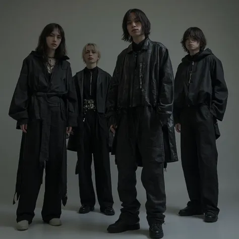 「casual visual band group of 4。Everyone is standing up、wearing unique and edgy fashion、faces are vaguely hidden by shadows of lighting。The background is simple、dramatic shadows and soft lighting accentuate the overall atmosphere。mysterious and cool impress...