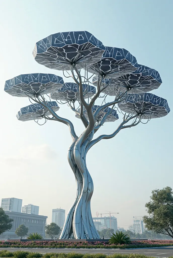 Make a solar panel that looks like a tree but make it futuristic, use steel and pentagon shapes,Without crooked branches