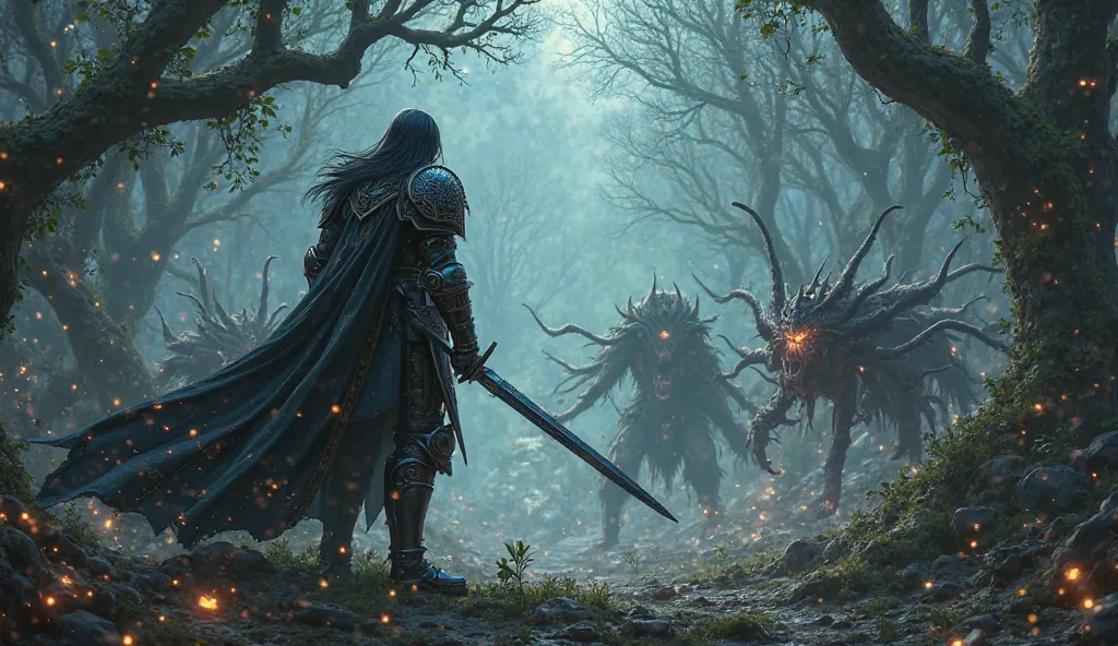 A black knight fights demons in a magical dark forest,  fantasy style,  art nouveau style