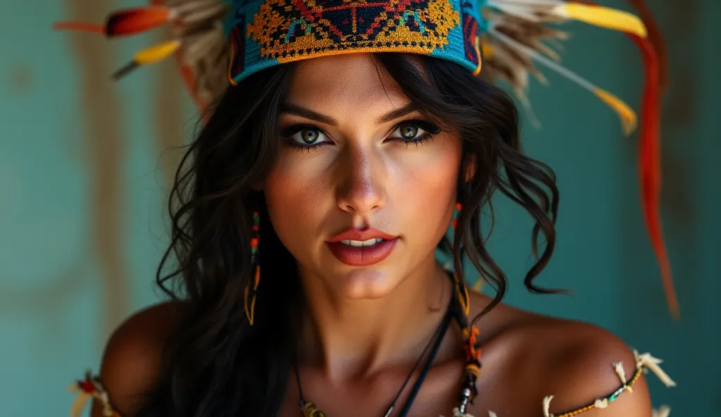 Close-up, depicting the face of a beautiful 22-year-old woman, wearing a low-cut traditional American Indian dress, with feathers on her head, high-resolution photo, 8k