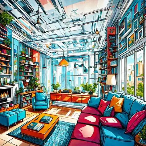 best quality, Hi-res, (Hand-drawn, line art ),  cozy living room painting ,  cozy atmosphere, detailed texture, warm colors,  Soft and even light ,  Complicated pattern ,  decorative element , Antique furniture, Wooden floor, bookshelf full of books , Beau...