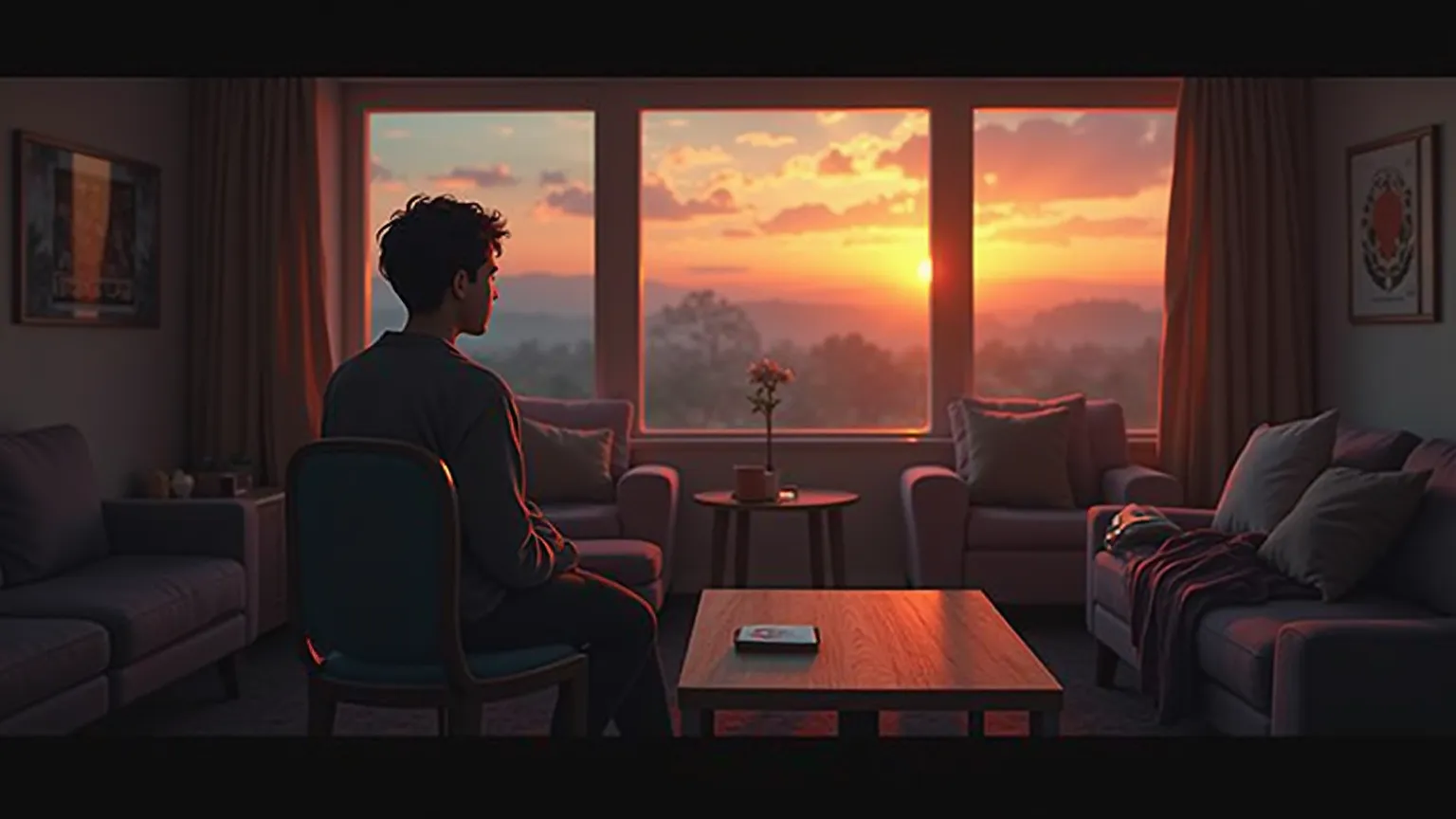 Melancholy Dusk Melancholy Dusk Loungy Vibes for Sunset Reflections 
"A melancholic lounge scene at dusk, a cozy corner with plush chairs bathed in fading golden sunlight, a person gazing out at a purple-orange sunset, soft shadows stretching across the ro...