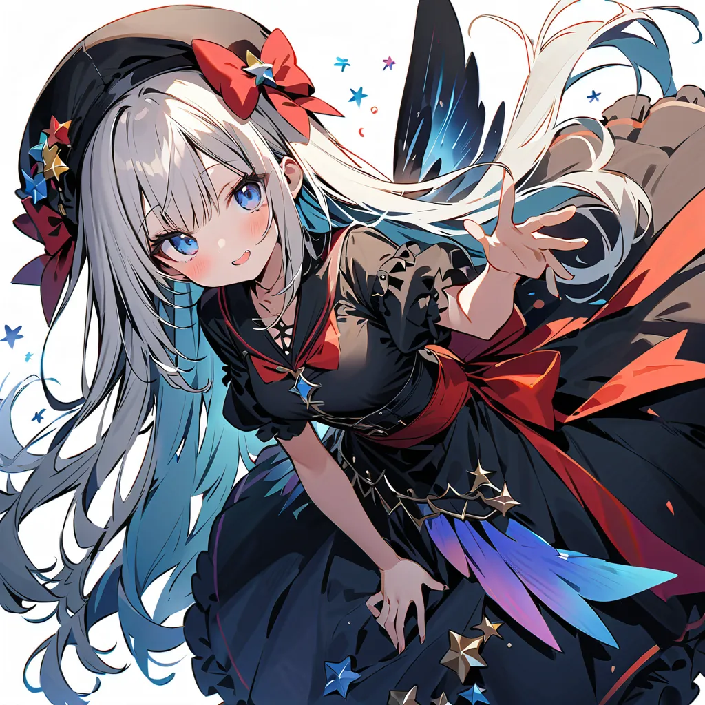  best detail、  1 girl，，Blink，    best quality   ，The hair color with a gradation of cloudy white and blue、wear a colorful and cute gothic kimono costume   ,   Star Fairy ,wear a colorful and cute gothic kimono costume    with little fairy feathers growing ...