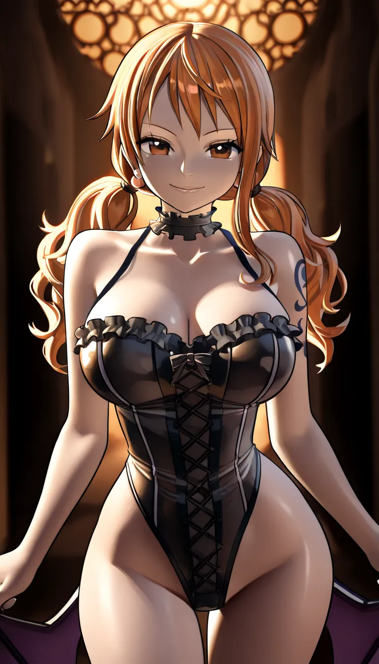 high image quality，8Ｋ，onepiece，Nami， orange_hair，Sexy Succubus in Gothic Lolita，twin tails，Illuminated by moonlight，The collarbone stands out,  Sexy Shots Facing the Camera  ((The viewer's enchanting gaze ,   beautiful charming expression   ,Sensual smile ...