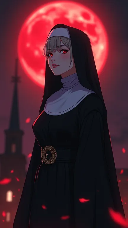 Night Nun，8K anime style image quality，HD Image， ultra high resolution ，Anime Digital Illustration Character Poster，Paintstroke Delicate Vivid，，A nun，Eyelashes are very long，Sharp eyes，Gothic nun costume，with a red feather falling，Standing in Dark Church U...