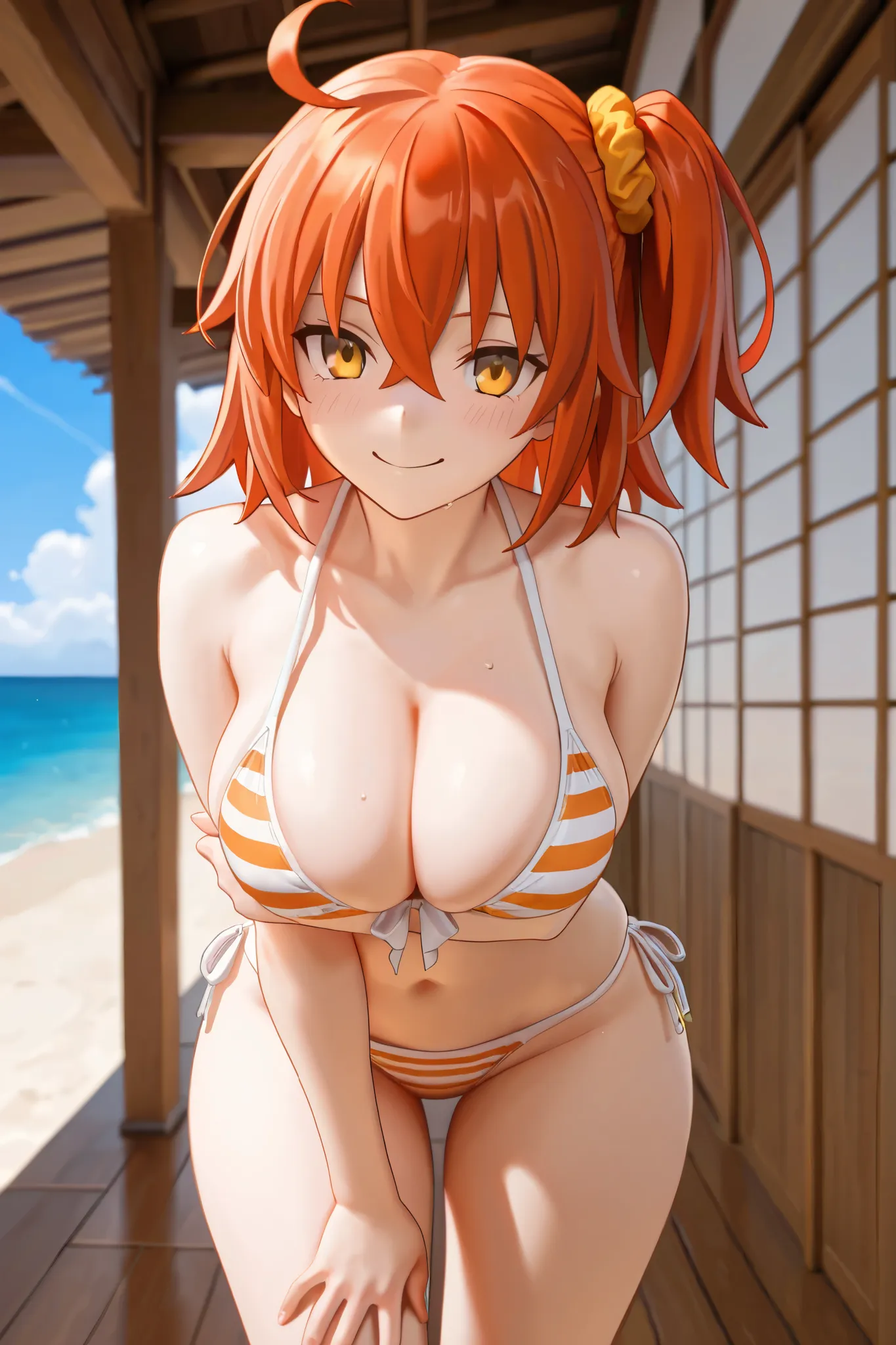 NSFW,masterpiece,highest quality,High Resolution,very detailed,Ritsuka Fujimaru\(Fate/Grand Order),orange hair,striped bikini, Beach House, Smile,Sexy Poses