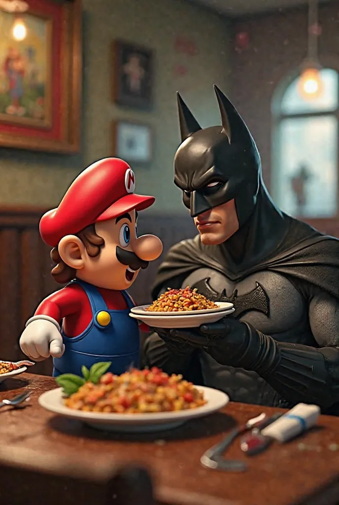 Super Mario at the restaurant with Batman 