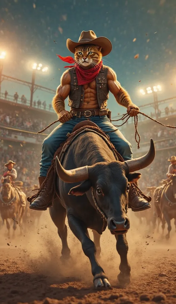 "A muscular anthropomorphic cat dressed as a cowboy, wearing a brown hat, red bandana, leather vest, jeans, and cowboy boots, riding a powerful, charging bull in a dusty rodeo arena. The scene is full of energy with dust flying, bright stadium lights illum...