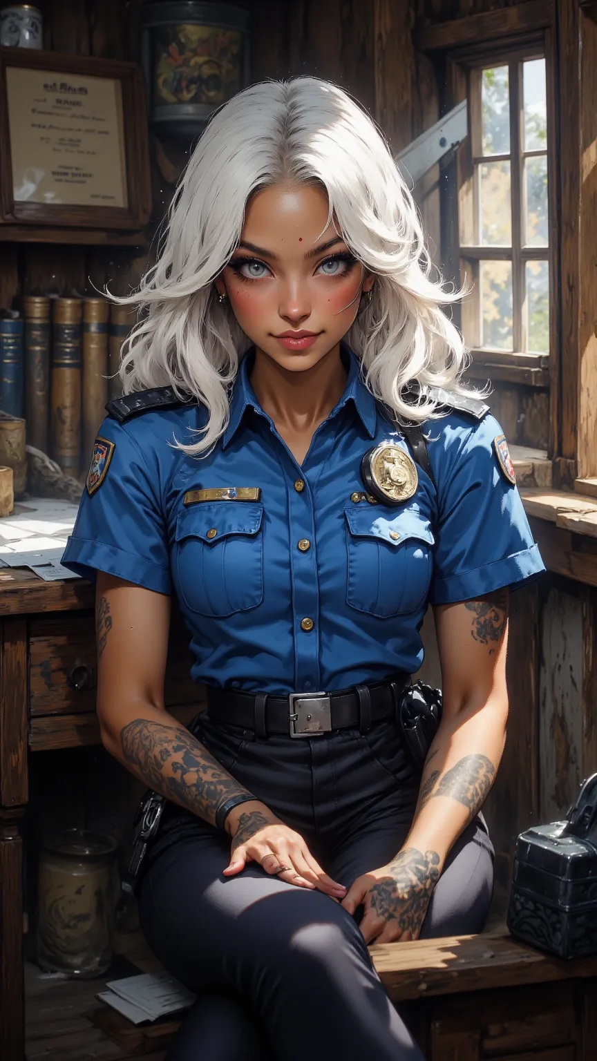 Portrait of beautiful young woman，alone，dark brown skin，Elegant Women，slim physique，Spacious country house，Very cozy cottage，full cheeks，long chin，Abundant hair，Smooth mane，white hair， blue eyes，Confident expression，Inside the police station，detailed backg...