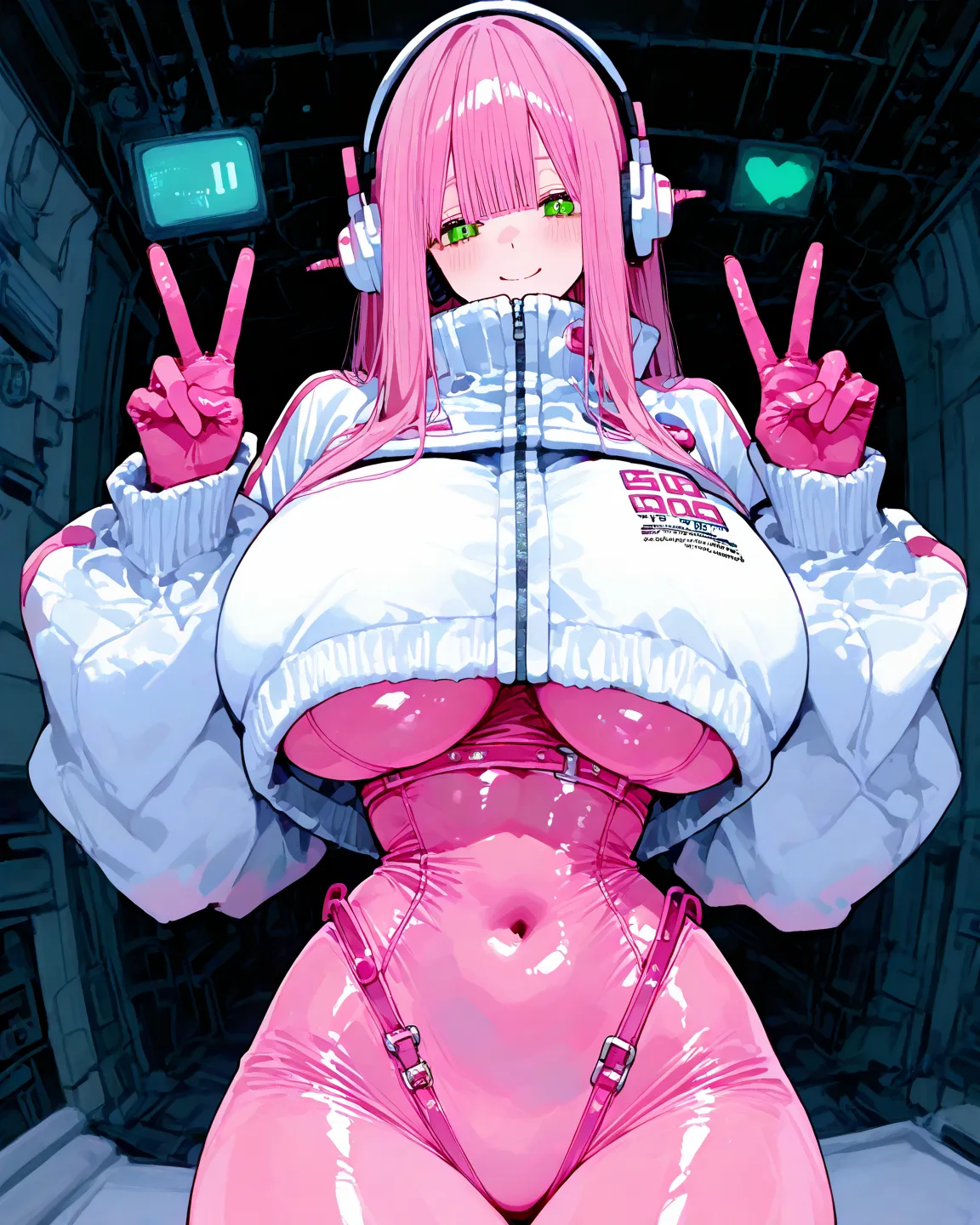 1girl pink hair, long hair, straight bangs, pink plug bodysuit, big white headphones, white jersey on the front, big hips, big breasts, green eyes, cute decoration, pink gloves