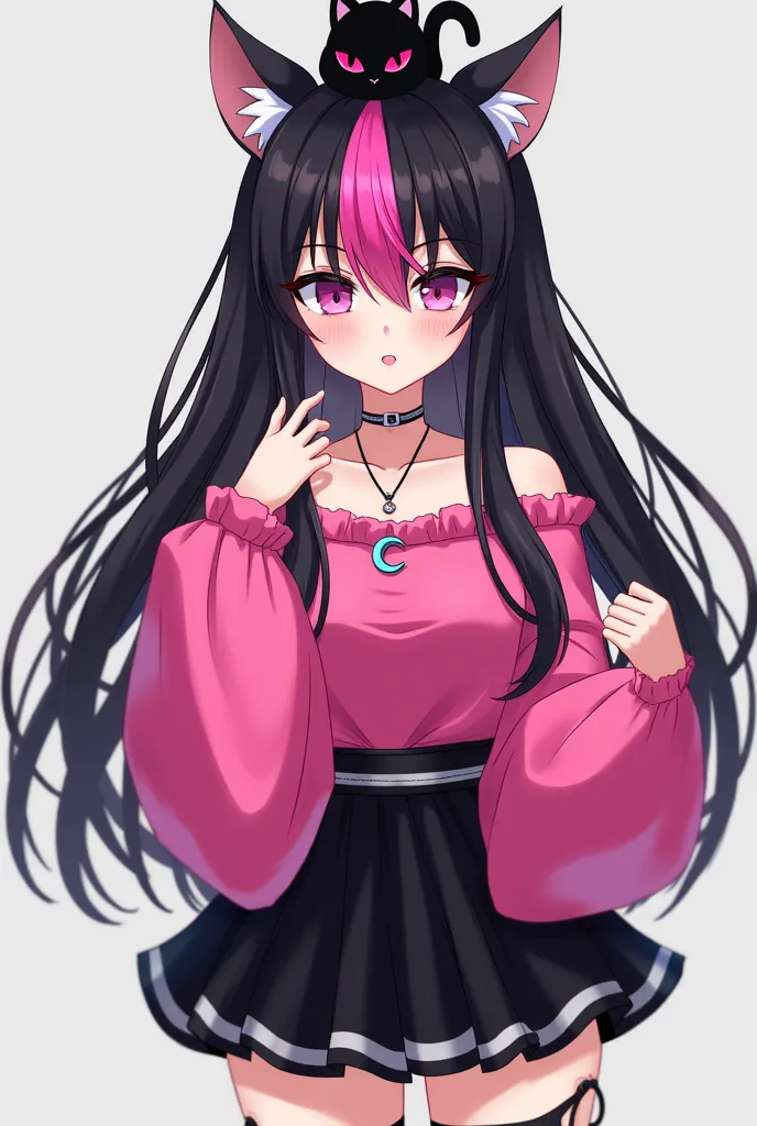 A black hair with a pink lock on the front and a black kitten's ear a pink top with pink sleeves with a letter C necklace and with a short black skirt with white edges 